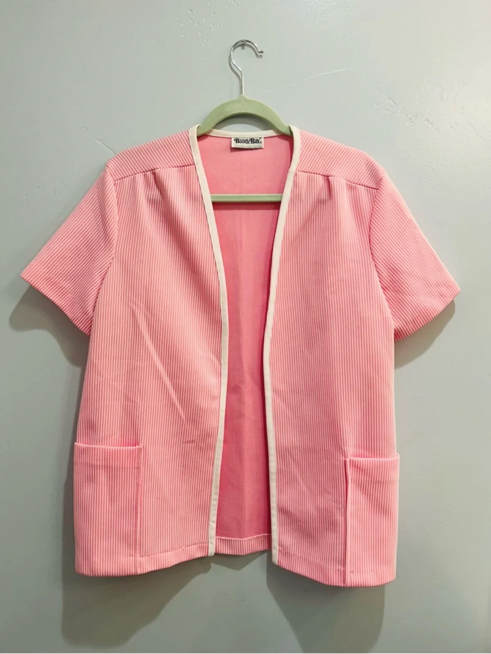 Vintage 70s Booth Bay Pink Striped Knit Cardigan Short Sleeve Pockets Cottage M
